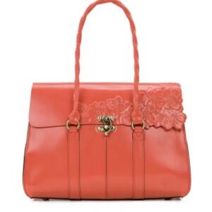 Patricia Nash Vienna Leather Satchel Purse Tooled Floral Bag in Coral 299. New